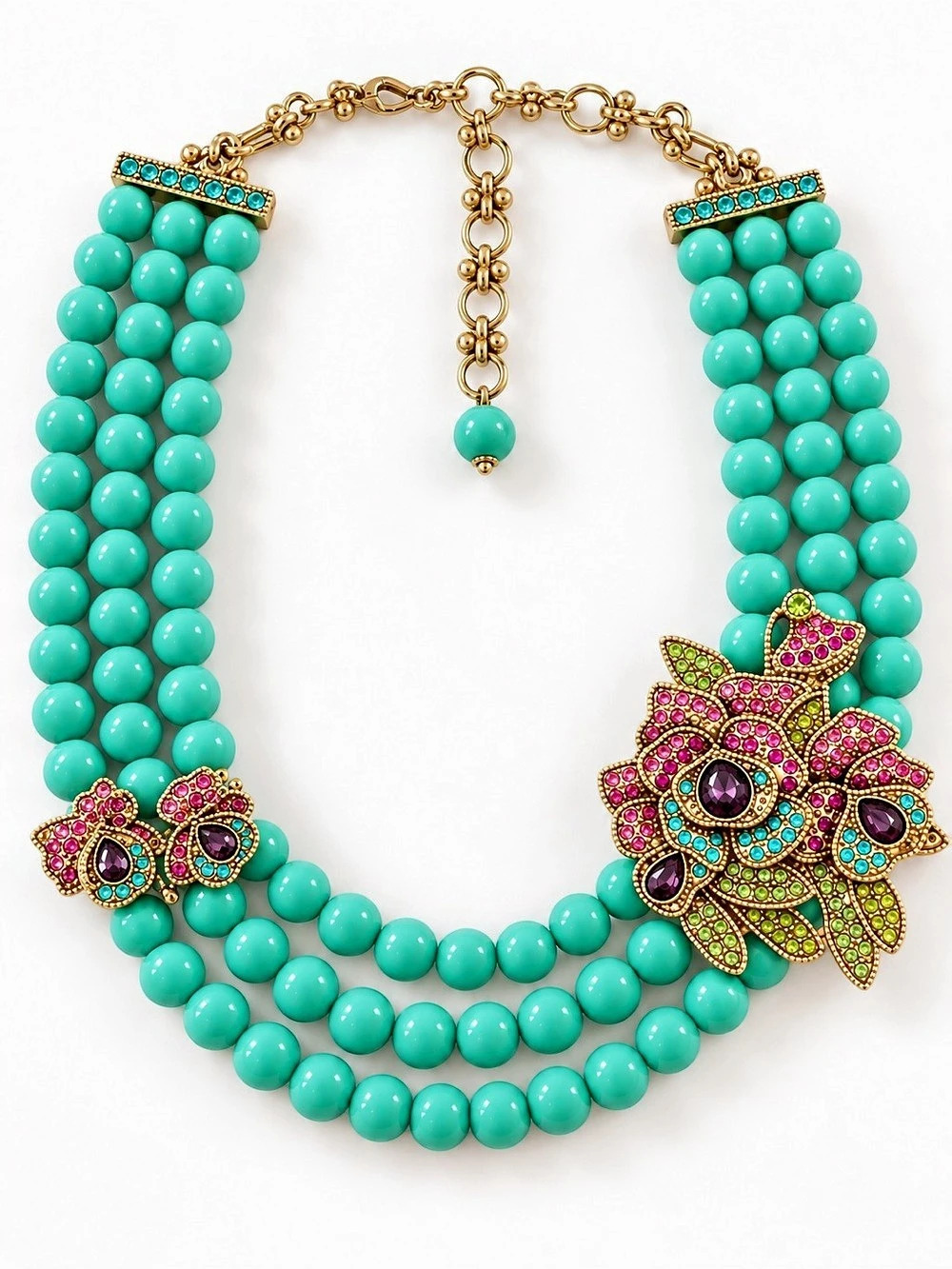 Turquoise Multi-Strand Necklace with Jeweled Flowers